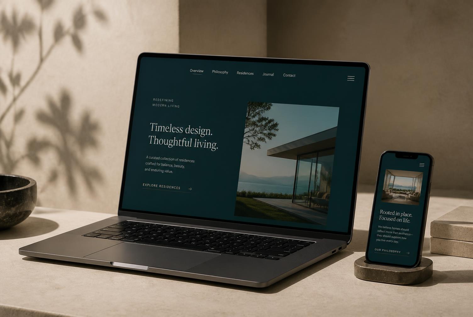 Laptop and phone displaying a refined dark teal website interface on an ivory desk