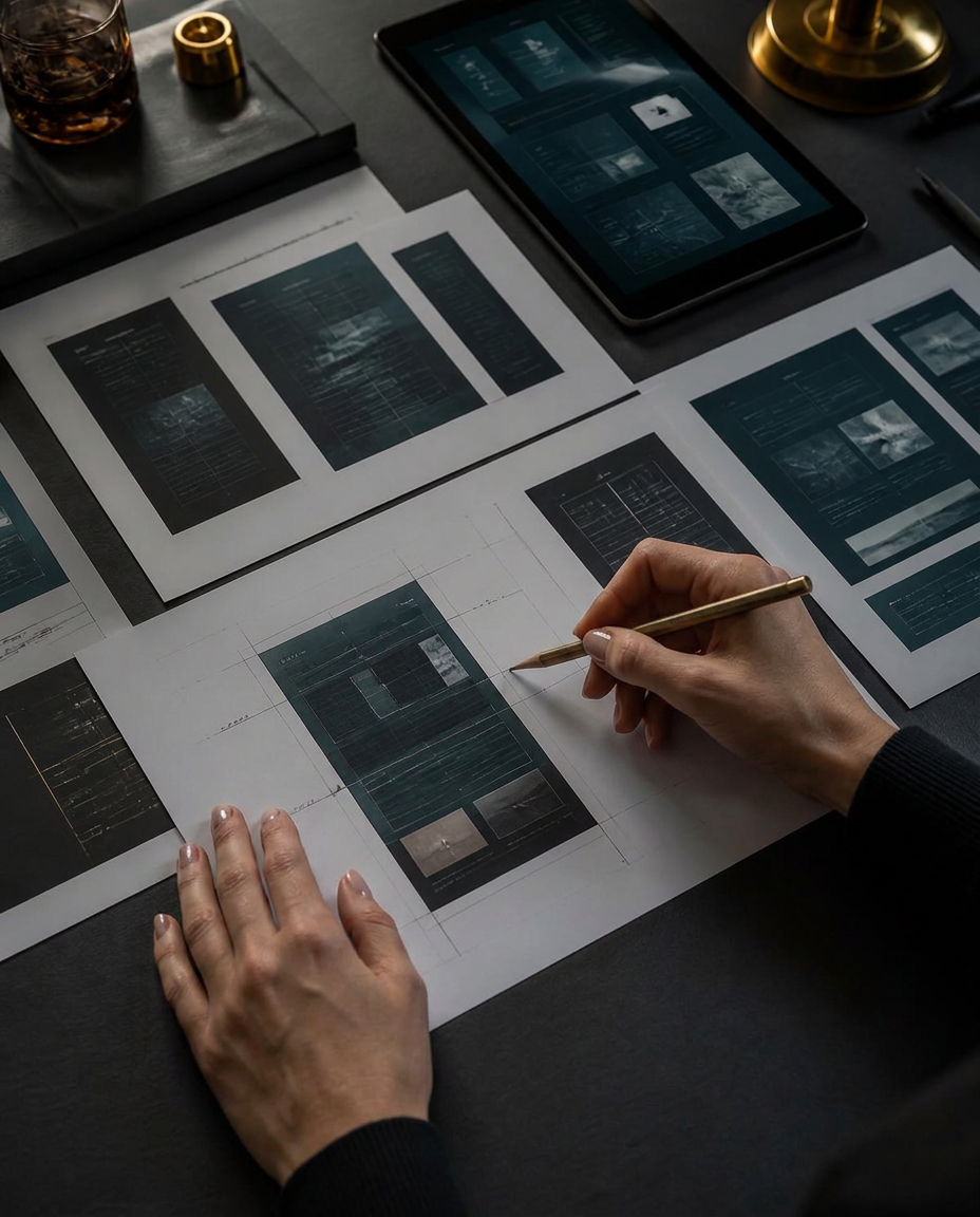Printed responsive layout wireframes annotated beside a tablet showing a deep teal interface