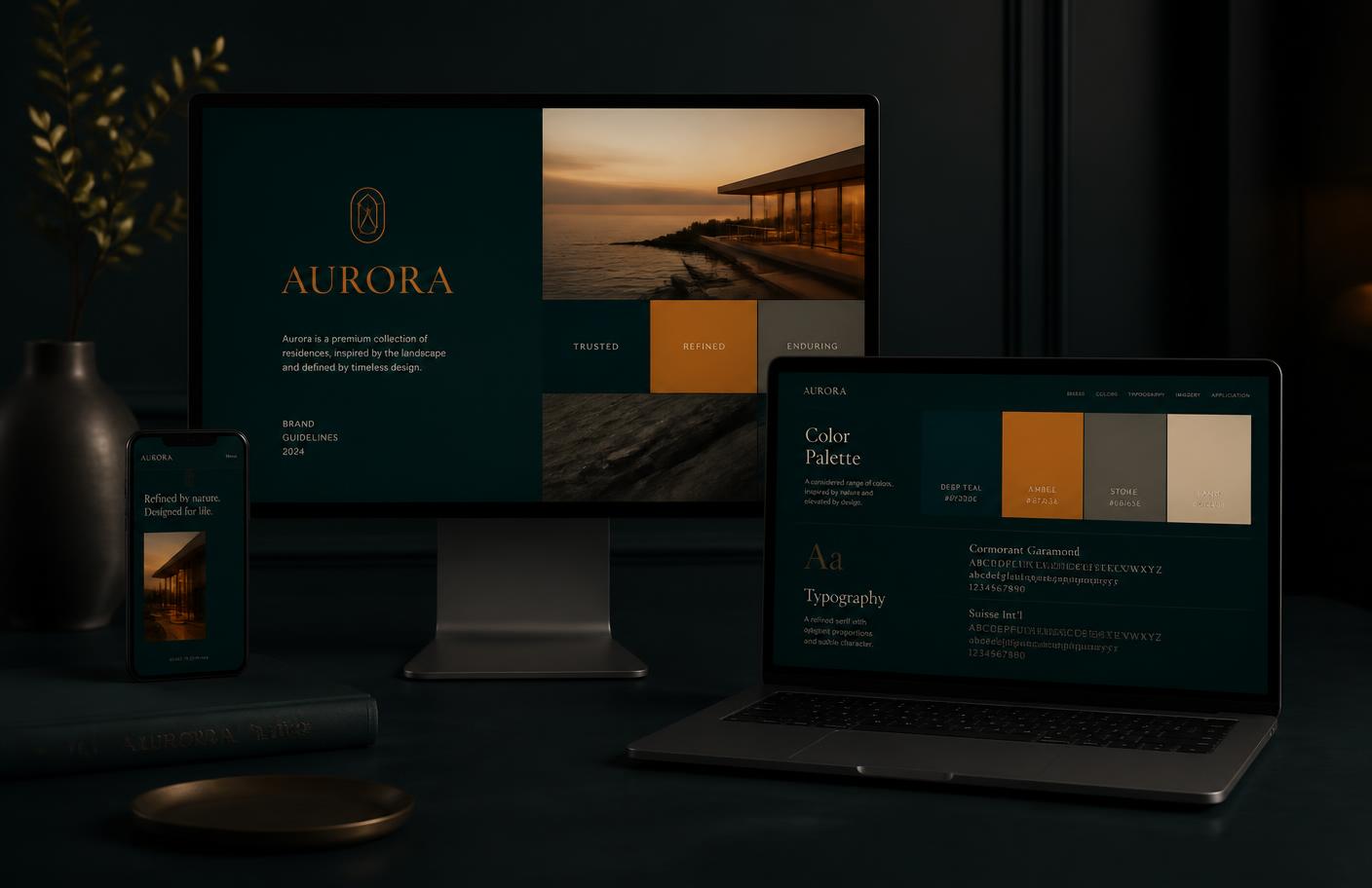 A consistent deep teal digital brand system displayed across monitor, laptop and phone